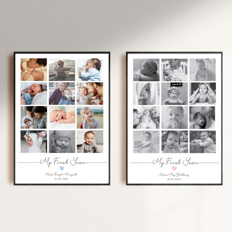 May include: Two framed photo collages, each with a grid of baby photos. One collage is in colour, the other in black and white. Text at the bottom reads "My First Year" with a name and date.