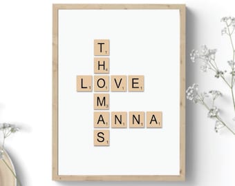 Scrabble couple names print. Personalised boyfriend gift. Romantic girlfriend birthday gift. 1st anniversary husband. Couple wall art