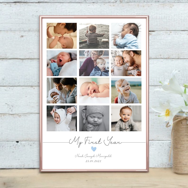 May include: A framed collage of twelve baby photos, arranged in a grid. The photos show a baby's first year, with a rose gold frame. Text at the bottom reads "My First Year", a name, and the date 23.04.2022.