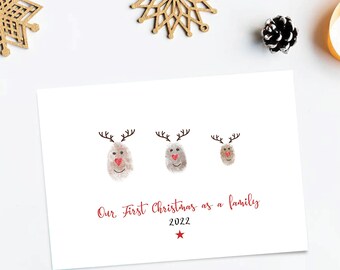 First Christmas as a family card. Fingerprint reindeer family Xmas card. Personalised husband wife baby 1st Xmas new mum dad parents. Handma