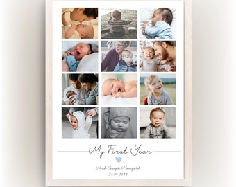 Personalised 1st birthday gift. My first year photo collage print. Baby keepsake 12 month memories. 1 year present boy girl. First birthday