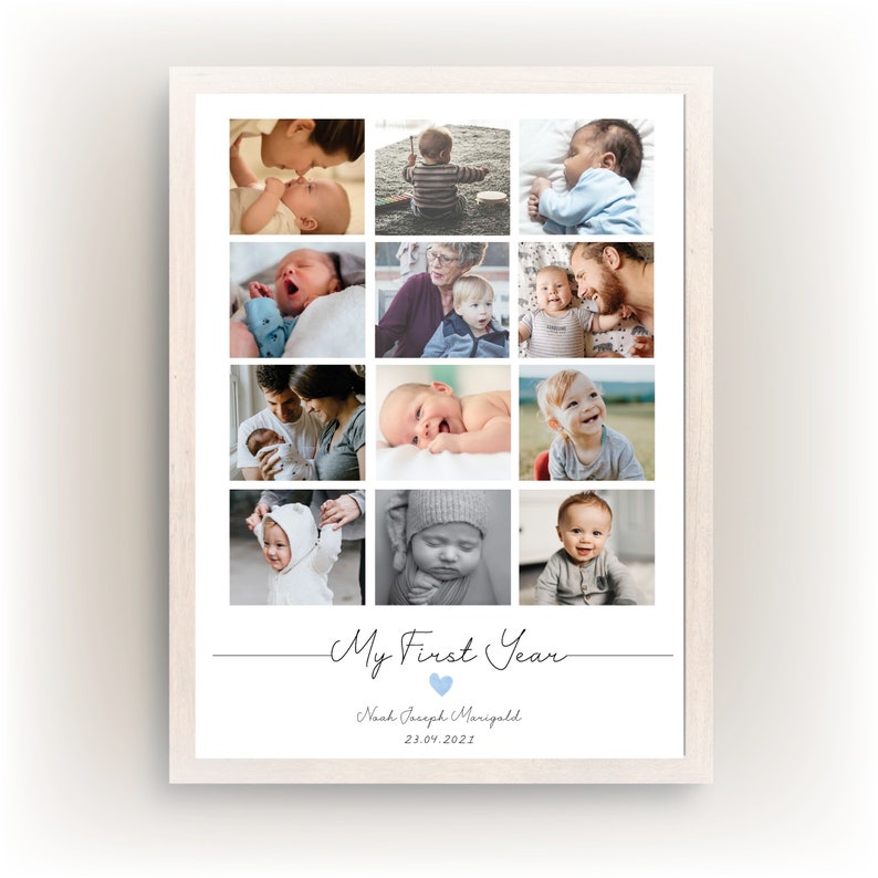 May include: A framed collage of twelve baby photographs, arranged in a grid. The images depict moments from a baby's first year. The frame is light-coloured, and the text "My First Year" is at the bottom, along with a name and date.