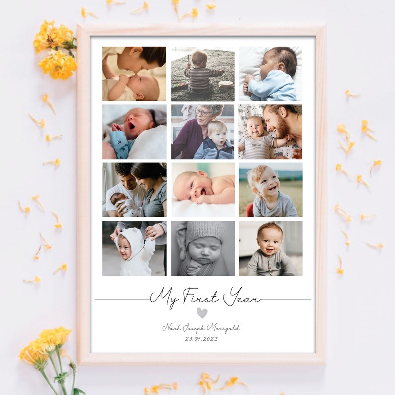 May include: A wooden framed collage with twelve photographs documenting a baby's first year. The text "My First Year" is displayed below the photos, along with the baby's name and date. The frame is light-coloured.