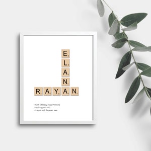 Scrabble couple names print. Personalised boyfriend xmas gift. Romantic girlfriend birthday present. 1st anniversary paper keepsake husband.