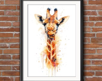 Watercolour Giraffe Print, Safari Animal Wall Art with Ink Splatters, African Jungle Nursery, Living Room pic, African Home Decor painting
