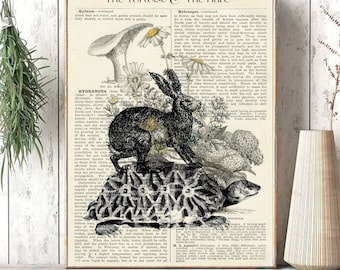 The Tortoise and the Hare Vintage Art Print | Storybook Animal Wall Decor | Botanical Nursery Print | Cottagecore Home Decor | Old Book Page