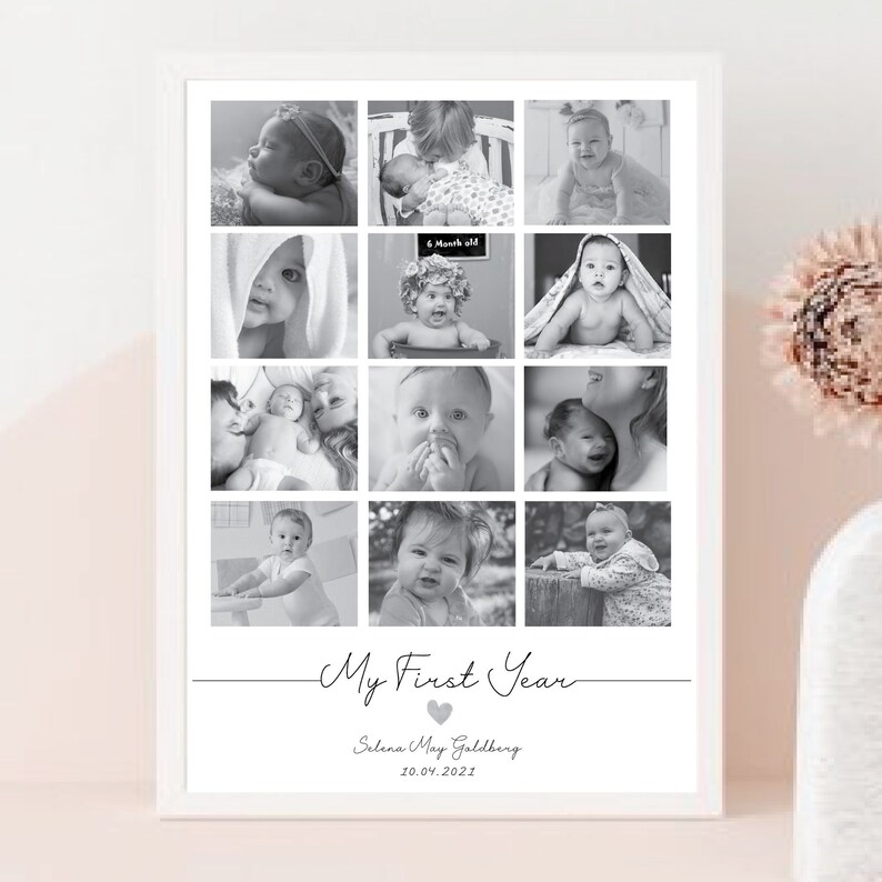 May include: A framed black and white photo collage titled "My First Year." The collage features twelve small photos of a baby, with the baby's name and date below. The frame is white.