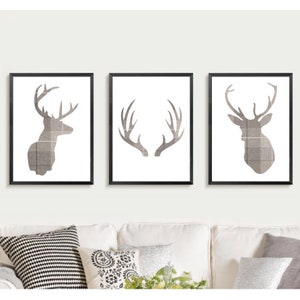 Tartan stag head prints. Set of 3. Reindeer antlers. Country wall art. Rustic farmhouse deer pictures cottage. Check home decor Tweed grey
