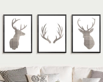 Tartan Stag Head Prints Set of 3, Grey Check Deer Antlers, Tweed Rustic Farmhouse Wall Art, Plaid Country Cottage Decor, Woodland Cabin Pics
