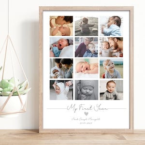 May include: A wooden framed print featuring a grid of twelve baby photographs. The images, both colour and monochrome, document a baby's first year. The text "My First Year" is displayed in cursive, with the baby's name and date beneath the text.