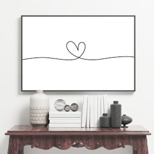 Heart print, continuous line drawing, simple line art, minimalist gallery wall decor, contemporary, bedroom picture, black white, love, gift