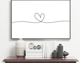 Heart print, continuous line drawing, simple line art, minimalist gallery wall decor, contemporary, bedroom picture, black white, love, gift