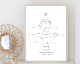 Personalised Baby Name Print | Hands & Baby Feet Line Art | Minimalist Nursery Wall Art | The Day You Became My Mum Daddy Fathers Day Gift