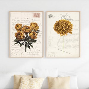 photos de fleurs vintage. Impressions couleur moutarde. Décoration d'intérieur jaune ocre. Art mural rétro. Cartes postales anciennes. Lot de 2. Insolite. Ferme de campagne