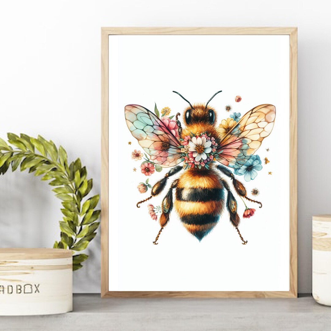Boho Insects Boho Bee Print, Watercolour Bee Illustration With Floral Body, Bohemian ...