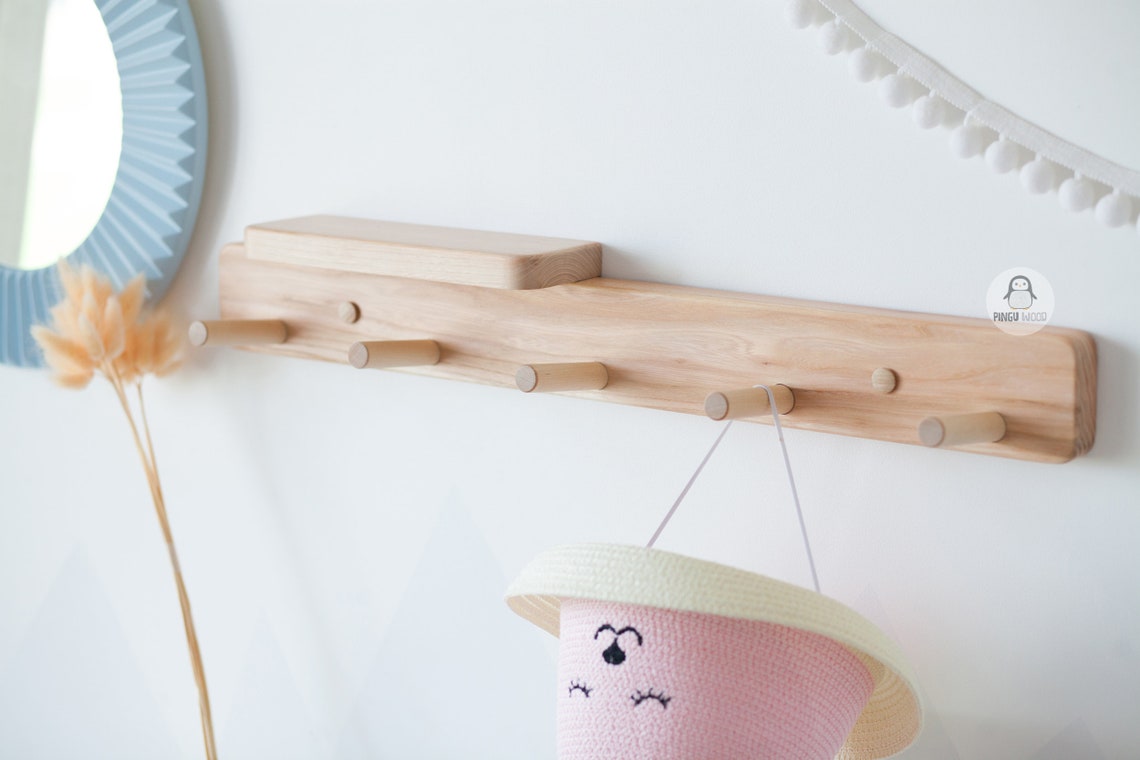 Peg Rack with small Shelf Wooden Hanger Kids Wall Hooks Etsy