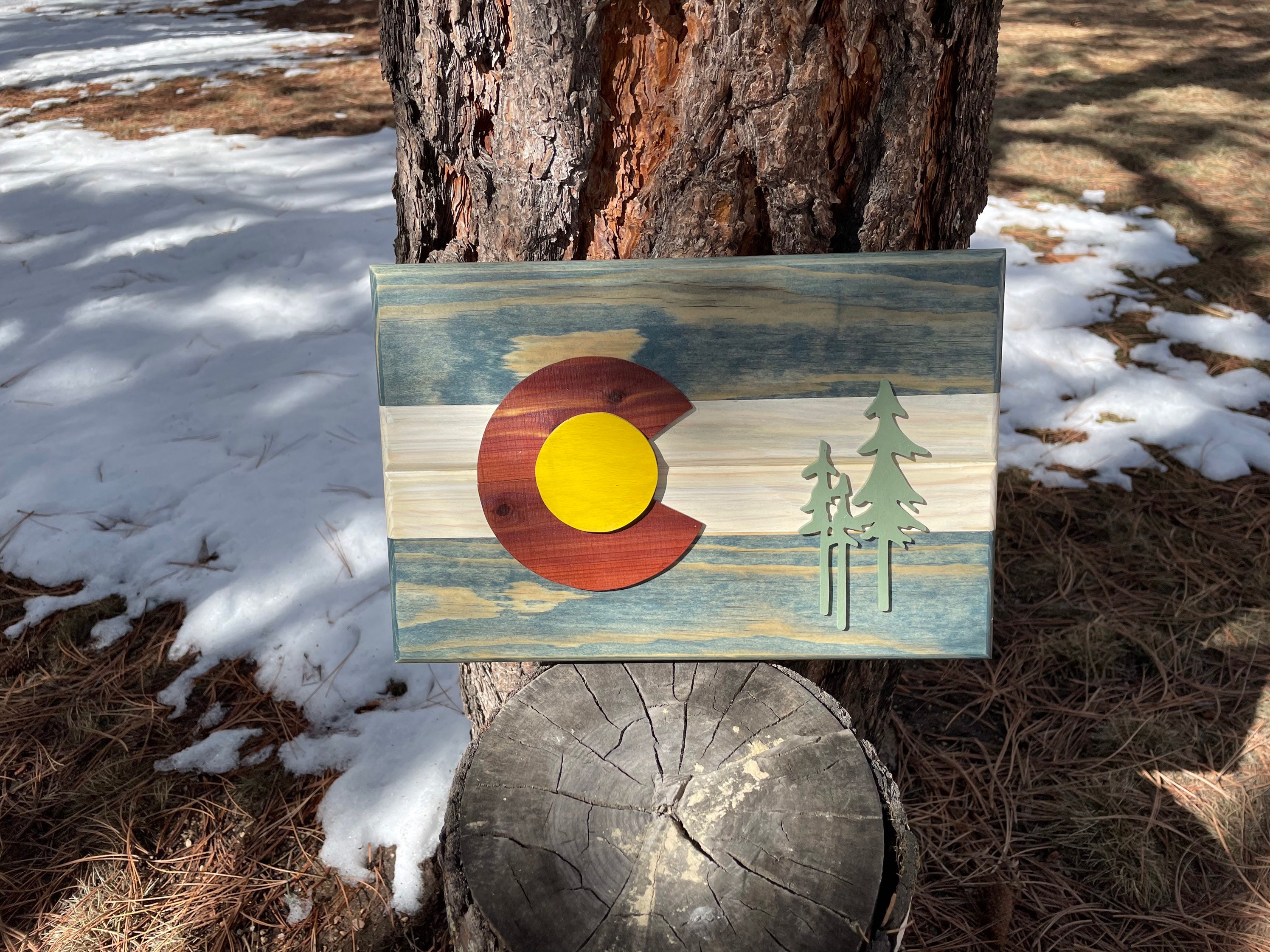 Beautiful wood Colorado Flag with trees Etsy