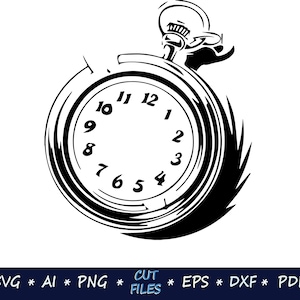 May include: A black and white illustration of a pocket watch with Roman numeral markings on the face. The watch is stylized with a swirling design around the edges.