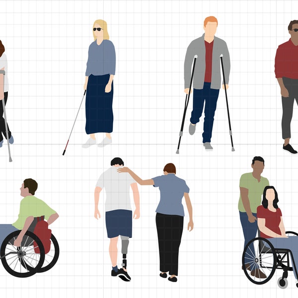 Flat Vector People Illustration - Pack of 7 - Disabilities, Handicap
