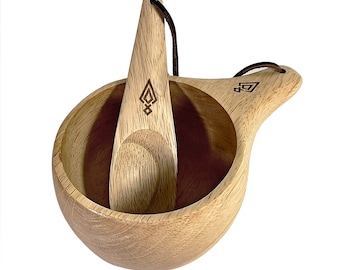 Taza y cuchara de madera Kuksa / Utensilio tradicional para beber de madera natural / Bushcraft, acampada, supervivencia