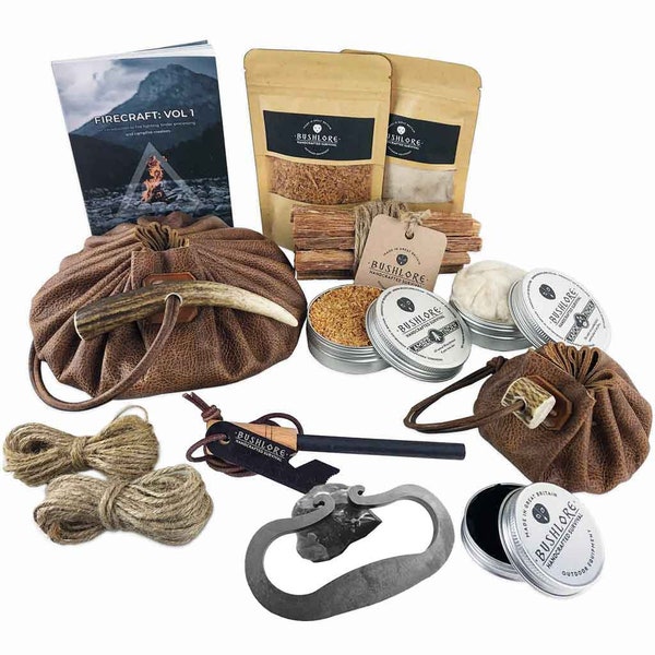 Kit d'incendie avec pochette en cuir pour amadou - allumage du feu, artisanat, camping, survie, coffret cadeau traditionnel - édition artisanale - fabriqué en Grande-Bretagne
