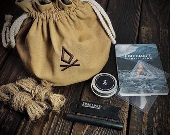 Kit de bolsa para encender fuego de Bushcraft: varilla de ferrocerio, lente de Fresnel y guía
