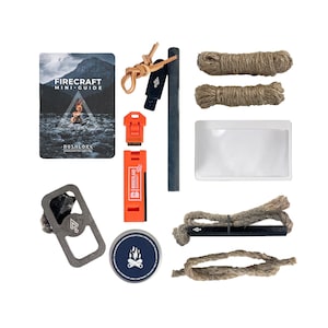 Bushcraft Fire Lighting Kit Bundle - Ferro Rod, Flint and Steel, Slow Match & Bellow, Guide