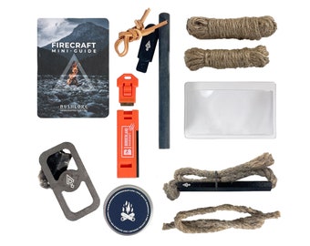 Kit para encender fuego de Bushcraft: varilla de ferrocerio, pedernal y acero, mecha lenta y fuelle, guía