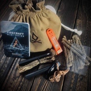 Bushcraft Fire Lighting Pouch Kit Bundle - Ferro Rod, Slow Match & Bellow, Guide