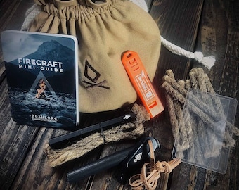Kit de bolsa para encender fuego de Bushcraft: varilla de ferrocerio, mecha lenta y fuelle, guía