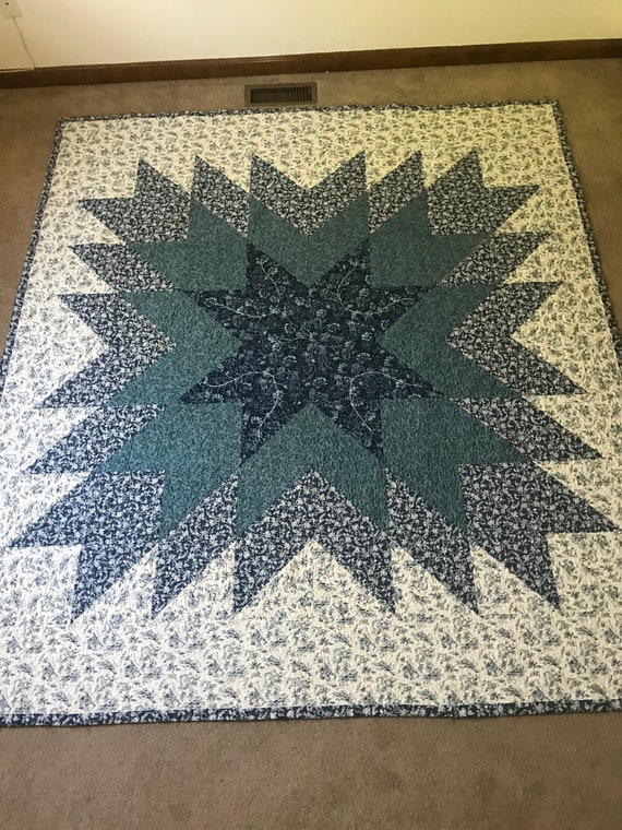Full Size Blue Star Quilt Reversible With Shams Etsy