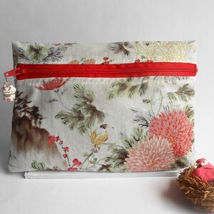 zipper pouch, red and white zipper bag, small handmade pouch, cosmetic bag, oriental print, knitting pouch, crochet pouch