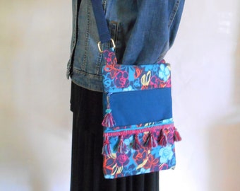 Floral Crossbody Bag: Blue Tassel Purse with Adjustable Strap