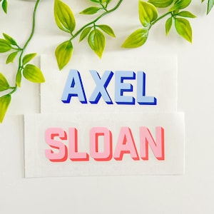 May include: Two white cards with the names "AXEL" in blue and "SLOAN" in pink, both in a 3D block letter style. The cards are on a white background with a green leafy vine in the top left corner.