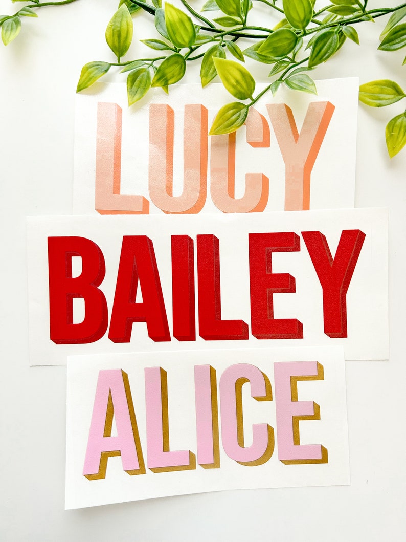 Pu&ograve; includere: Tre adesivi rettangolari bianchi separati con nomi in stampatello. L'adesivo superiore mostra il nome LUCY in un gradiente arancione. L'adesivo centrale mostra il nome BAILEY in rosso solido. L'adesivo inferiore presenta il nome ALICE in rosa.