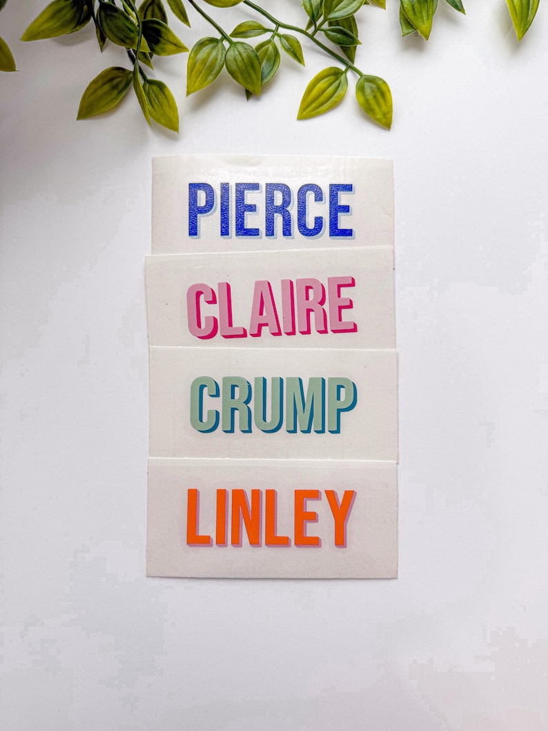 Pu&ograve; includere: Quattro etichette adesive rettangolari bianche con nomi in lettere maiuscole grassetto senza grazie. L'etichetta in alto riporta PIERCE in blu, la seconda CLAIRE in rosa, la terza CRUMP in verde acqua e l'ultima in basso riporta LINLEY in arancione.