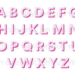 May include: A complete set of uppercase English alphabet letters from A to Z. Each letter features a light pink face with a bold, dark pink 3D-style drop shadow effect, arranged in four horizontal rows against a plain white background.