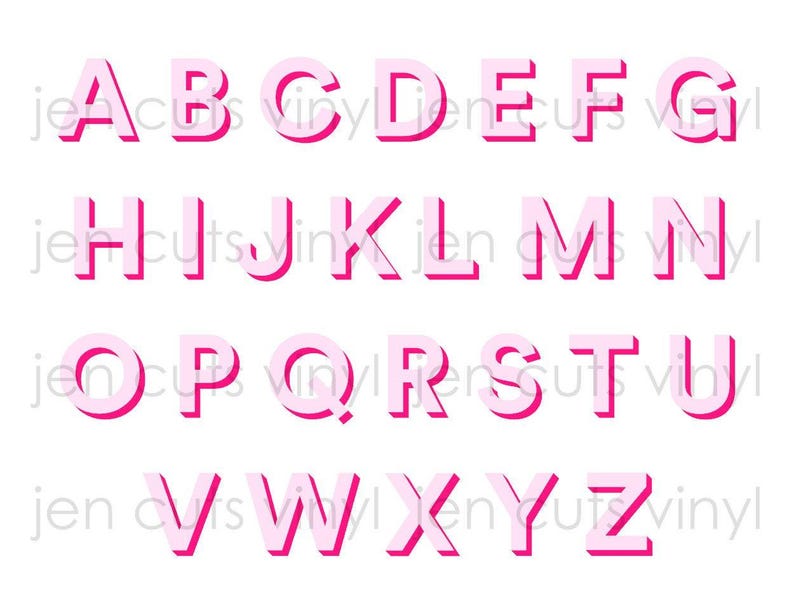 May include: A complete set of uppercase English alphabet letters from A to Z. Each letter features a light pink face with a bold, dark pink 3D-style drop shadow effect, arranged in four horizontal rows against a plain white background.