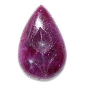 May include: A teardrop-shaped, carved ruby gemstone with a flower design. The gemstone is a deep, rich purple colour.