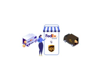 Puede incluir: Ilustración de una persona de pie frente a un teléfono inteligente con un toldo de tienda. La pantalla del teléfono muestra el texto "FedEx Ground vs ups". Un camión de FedEx y un camión de UPS están a cada lado de la persona.