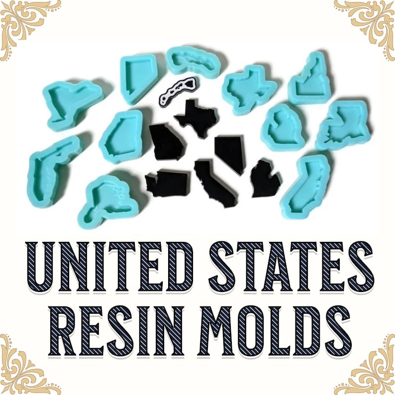May include: A set of 14 silicone molds shaped like the states of the United States. The molds are light blue and are arranged on a white surface.  UNITED STATES RESIN MOLDS is written in black letters on the bottom of the image.
