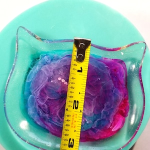 May include: A clear resin cat dish with a pink, purple, and blue swirl design. The dish is 3 inches in diameter.