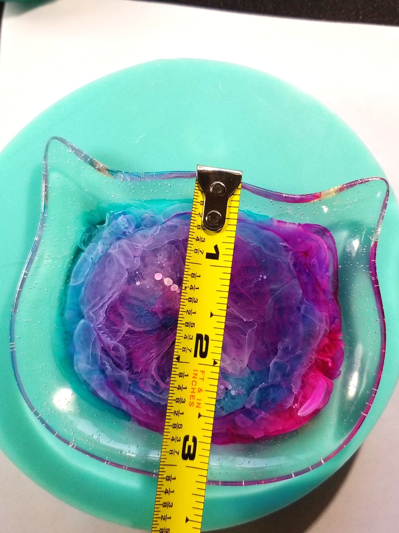 May include: A clear resin cat dish with a pink, purple, and blue swirl design. The dish is 3 inches in diameter.