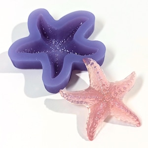 Puede incluir: Un molde de silicona morado con forma de estrella de mar junto a una estrella de mar rosa translúcida. El molde es de color morado oscuro y la estrella de mar es de color rosa claro con una superficie texturizada. Los artículos están sobre un fondo blanco.