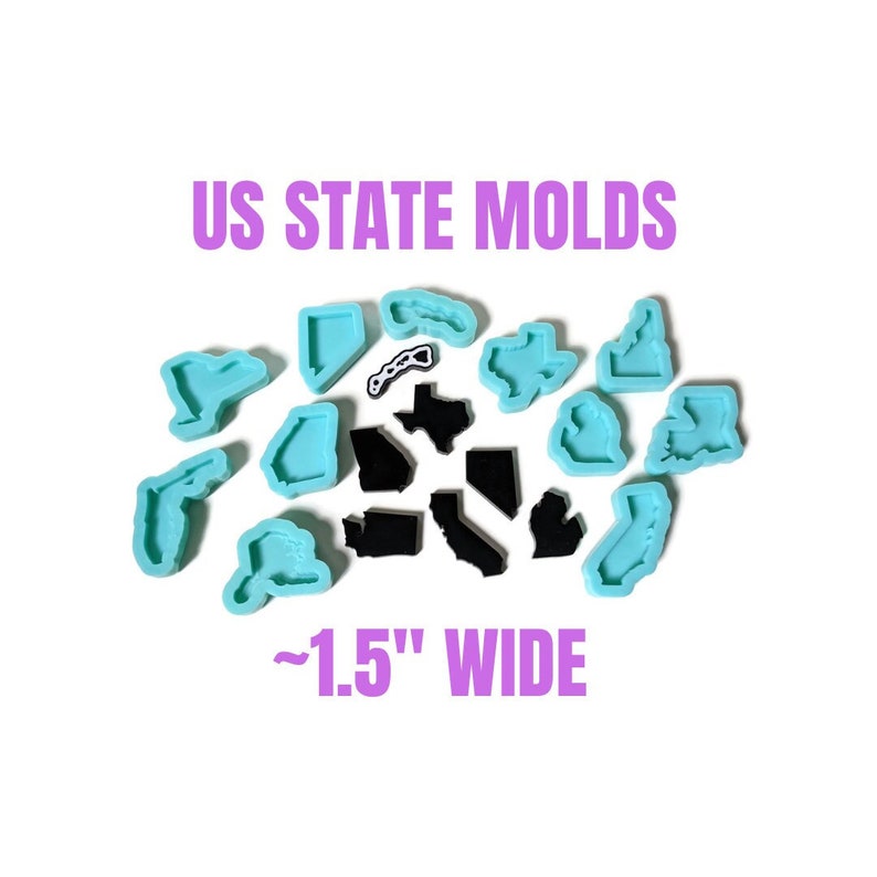 May include: A set of 15 silicone molds shaped like US states. The molds are light blue and approximately 1.5 inches wide. US STATE MOLDS ~1.5" WIDE is written in purple text.