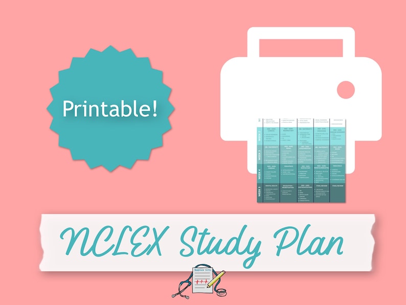 May include: Printable NCLEX Study Plan with a blue and green color scheme. The study plan is a chart with columns for each day of the week and rows for different study topics. The image also includes a printer icon and a sticker that says "Printable!"