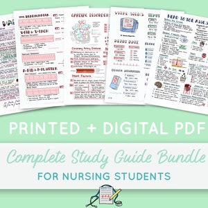 IMPRESO + DIGITAL - Paquete completo de guía de estudio de enfermería (copia impresa y PDF) / Notas de enfermería / Fundamentos de cirugía médica, cuidados críticos, maternidad