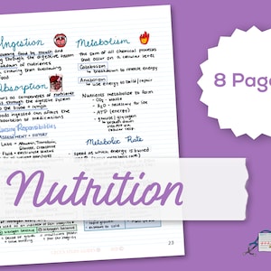 Peut inclure: Une page de notes manuscrites sur la nutrition, avec des titres pour l'ingestion, le métabolisme, l'absorption et le taux métabolique. La page est sur du papier ligné et comprend un dessin d'une bouche et d'un système digestif. La page comprend également le texte "8 Pages !" dans un cercle blanc sur fond violet.