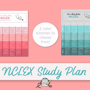 May include: A printable NCLEX study plan with two color schemes. The plan is divided into four weeks and includes a list of topics to study each day. The text on the image reads "Cece's Study Guides NCLEX 4 Week Study Plan".