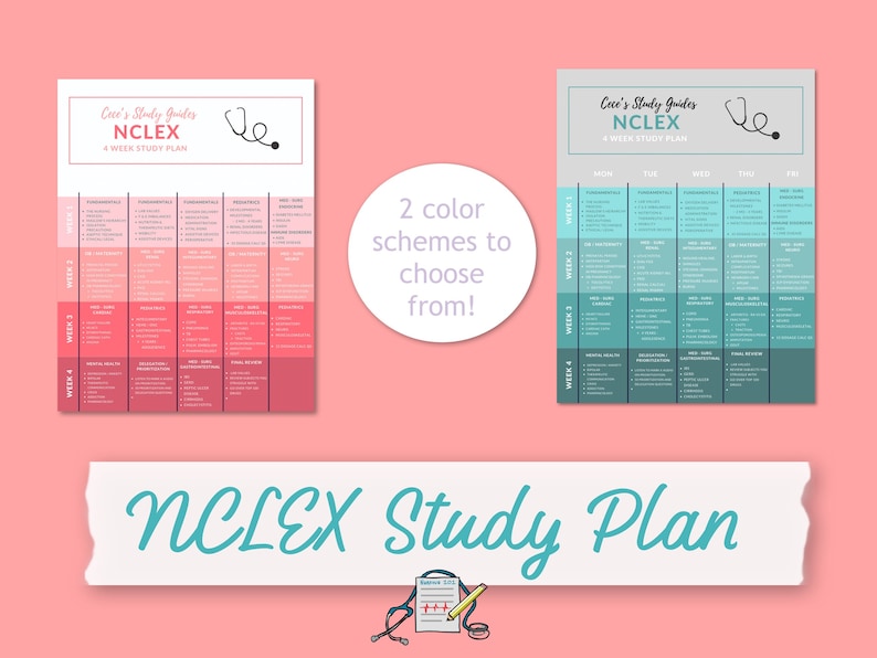May include: A printable NCLEX study plan with two color schemes. The plan is divided into four weeks and includes a list of topics to study each day. The text on the image reads "Cece's Study Guides NCLEX 4 Week Study Plan".